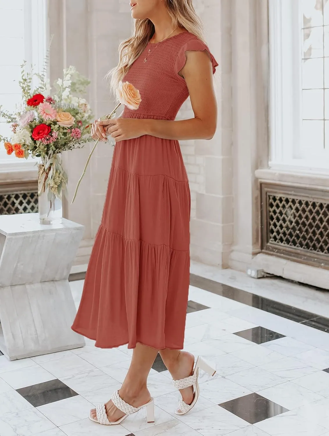 ZCSIA Women's Summer Casual Ruffle Short Sleeve Crewneck Smocked Tiered A Line Midi Dress