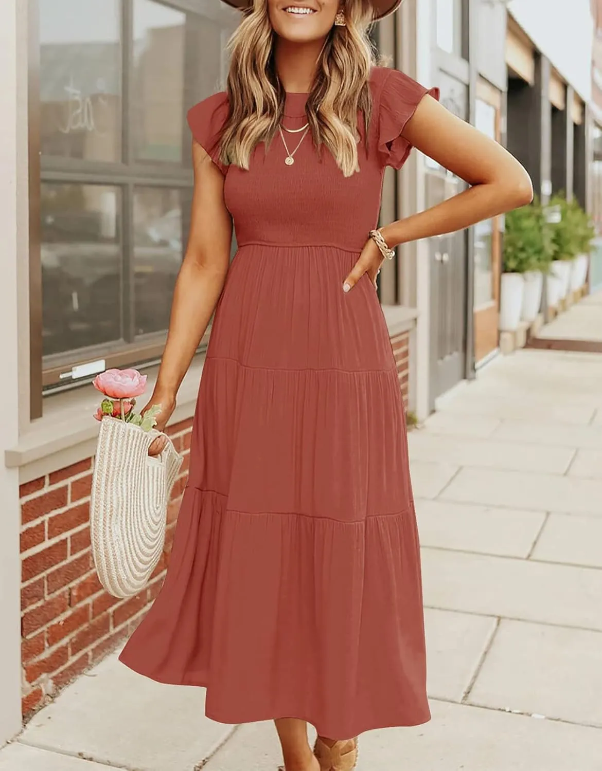 ZCSIA Women's Summer Casual Ruffle Short Sleeve Crewneck Smocked Tiered A Line Midi Dress