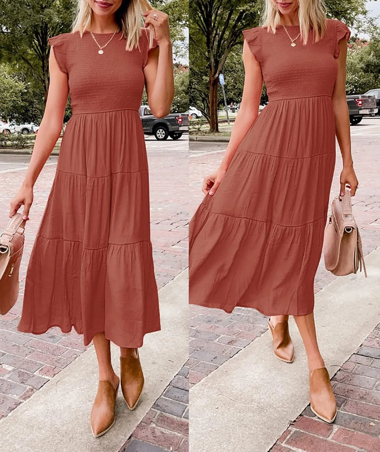 ZCSIA Women's Summer Casual Ruffle Short Sleeve Crewneck Smocked Tiered A Line Midi Dress