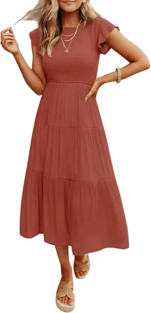 ZCSIA Women's Summer Casual Ruffle Short Sleeve Crewneck Smocked Tiered A Line Midi Dress