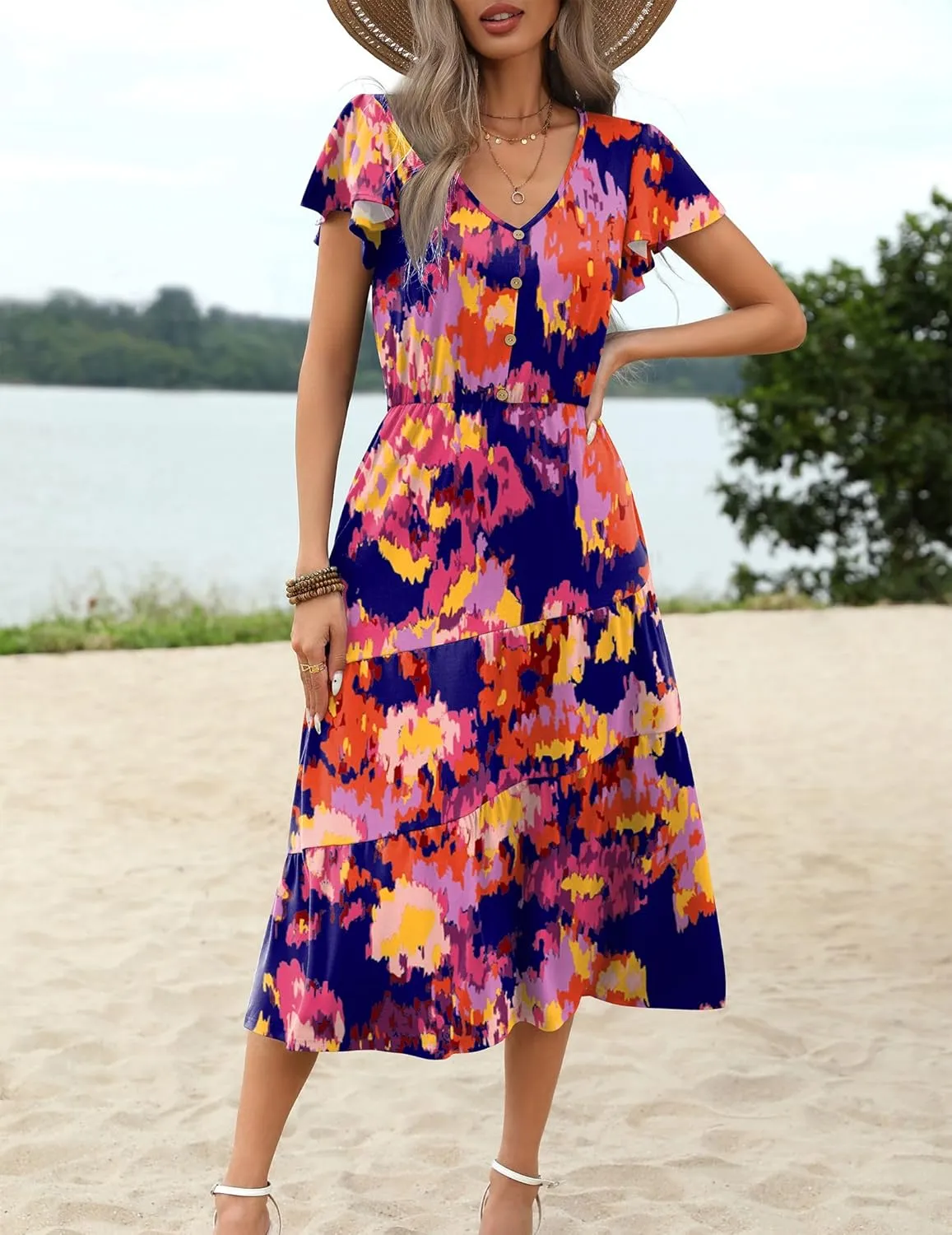 Zeagoo Women's Summer Casual Dress Flutter Short Sleeve V Neck Button Down Tiered Flowy Long Dress with Pockets