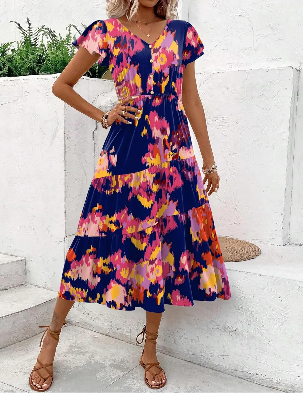 Zeagoo Women's Summer Casual Dress Flutter Short Sleeve V Neck Button Down Tiered Flowy Long Dress with Pockets