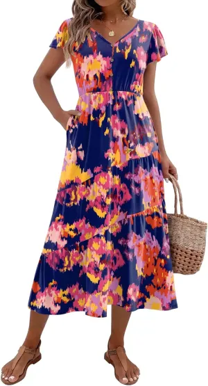 Zeagoo Women's Summer Casual Dress Flutter Short Sleeve V Neck Button Down Tiered Flowy Long Dress with Pockets