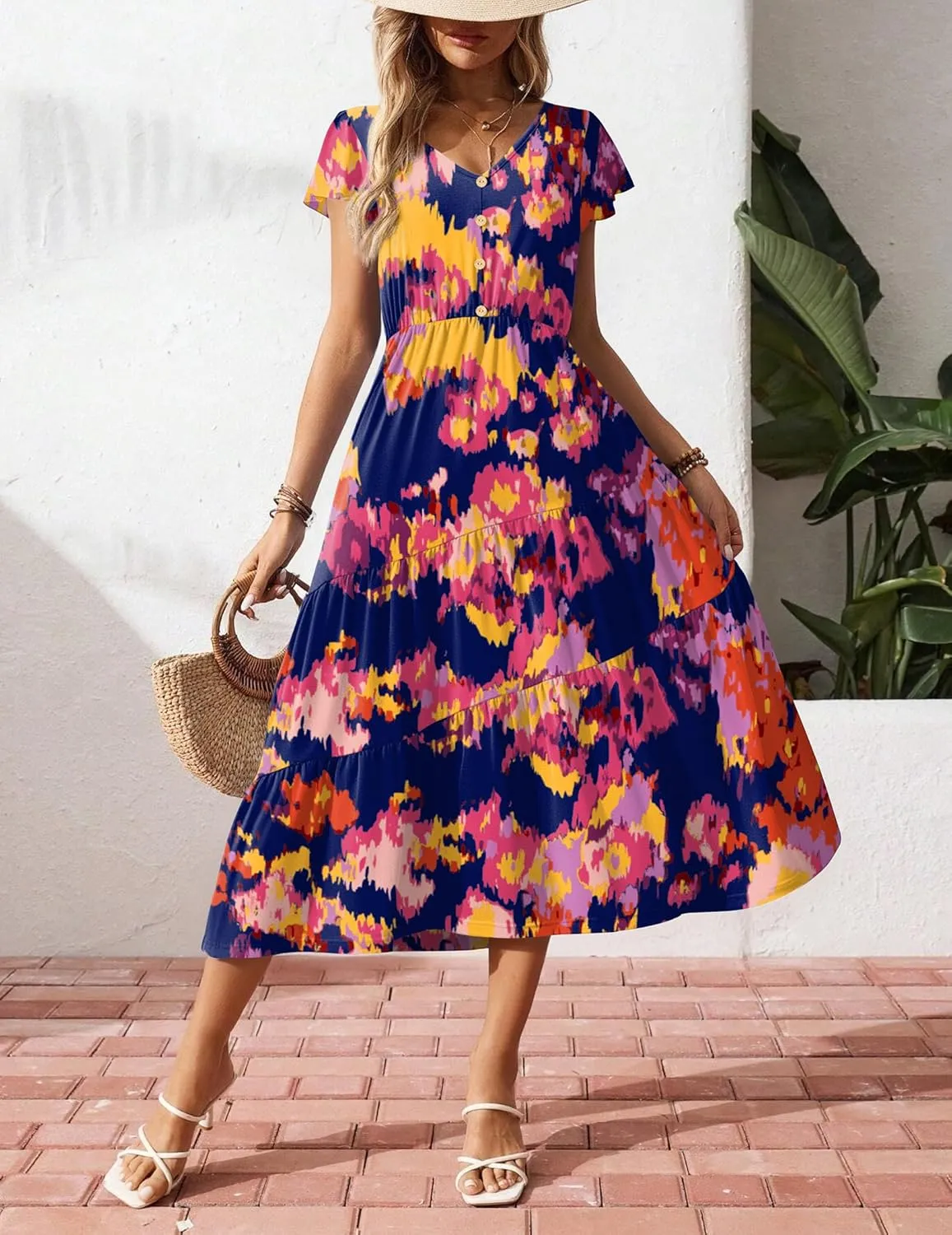 Zeagoo Women's Summer Casual Dress Flutter Short Sleeve V Neck Button Down Tiered Flowy Long Dress with Pockets