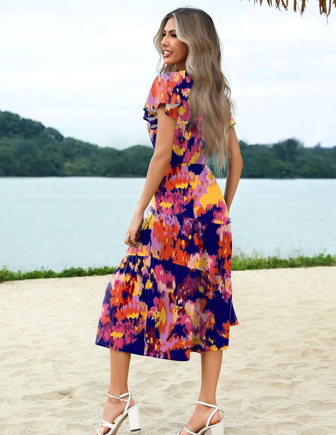 Zeagoo Women's Summer Casual Dress Flutter Short Sleeve V Neck Button Down Tiered Flowy Long Dress with Pockets