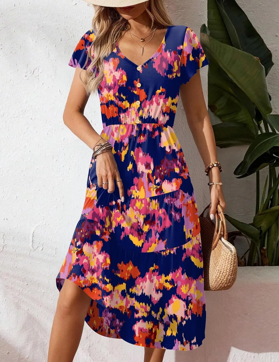 Zeagoo Women's Summer Casual Dress Flutter Short Sleeve V Neck Button Down Tiered Flowy Long Dress with Pockets