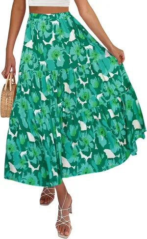 ZESICA Women's 2025 Summer Plaid Flower Elastic High Waist Flowy A Line Maxi Skirt with Pockets