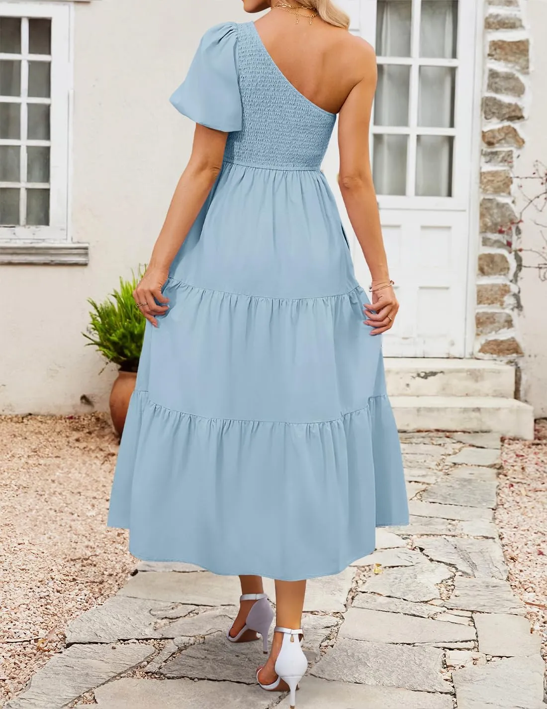ZESICA Women's Boho Summer One Shoulder Short Sleeve Smocked Side Split Ruffle Swing Midi Dress