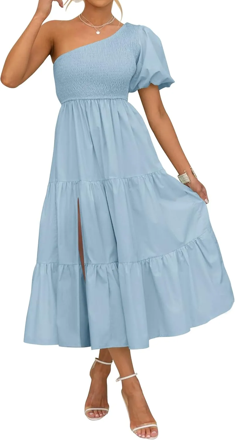 ZESICA Women's Boho Summer One Shoulder Short Sleeve Smocked Side Split Ruffle Swing Midi Dress