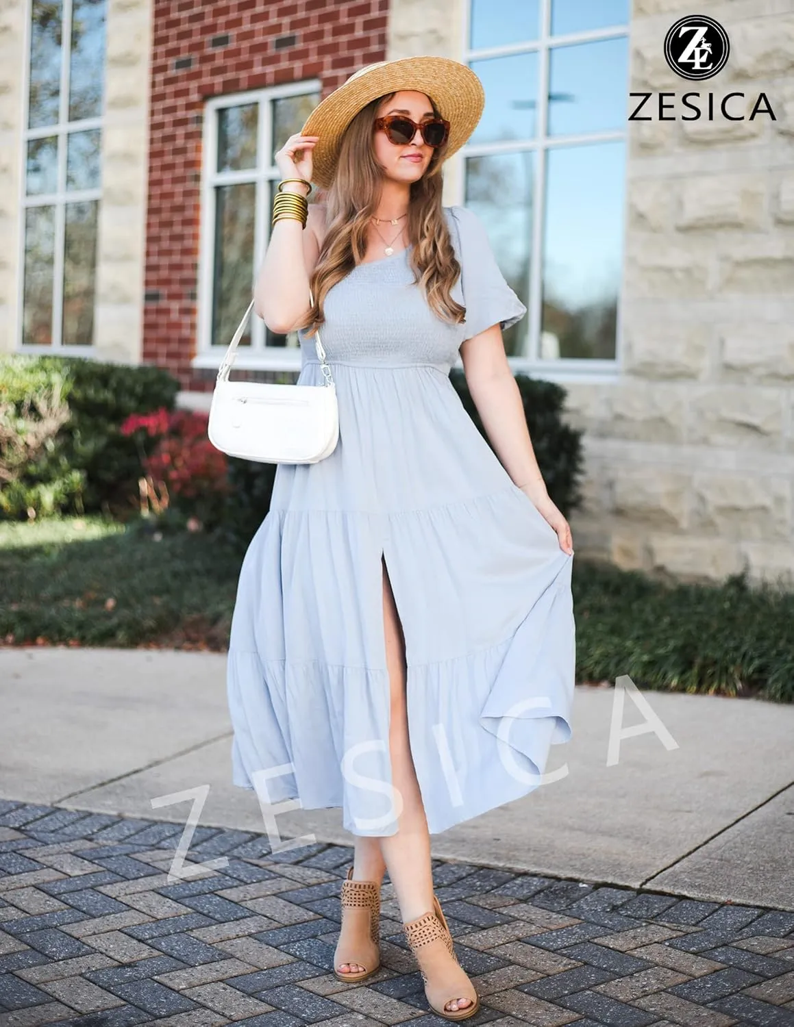 ZESICA Women's Boho Summer One Shoulder Short Sleeve Smocked Side Split Ruffle Swing Midi Dress