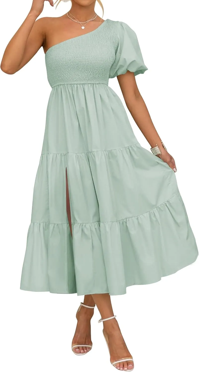 ZESICA Women's Boho Summer One Shoulder Short Sleeve Smocked Side Split Ruffle Swing Midi Dress