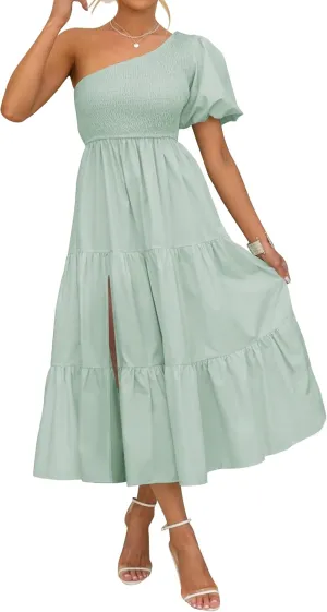 ZESICA Women's Boho Summer One Shoulder Short Sleeve Smocked Side Split Ruffle Swing Midi Dress