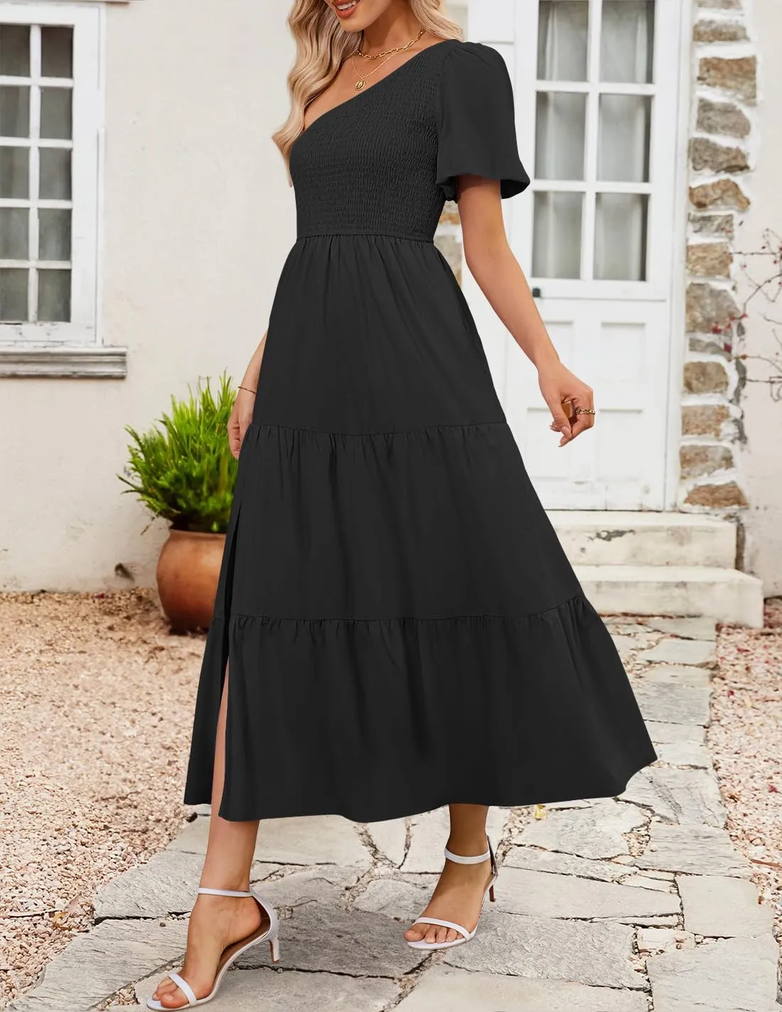 ZESICA Women's Boho Summer One Shoulder Short Sleeve Smocked Side Split Ruffle Swing Midi Dress