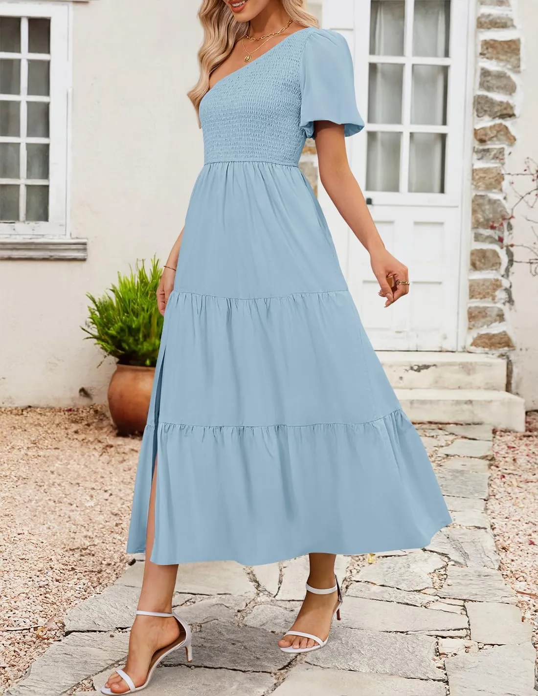 ZESICA Women's Boho Summer One Shoulder Short Sleeve Smocked Side Split Ruffle Swing Midi Dress