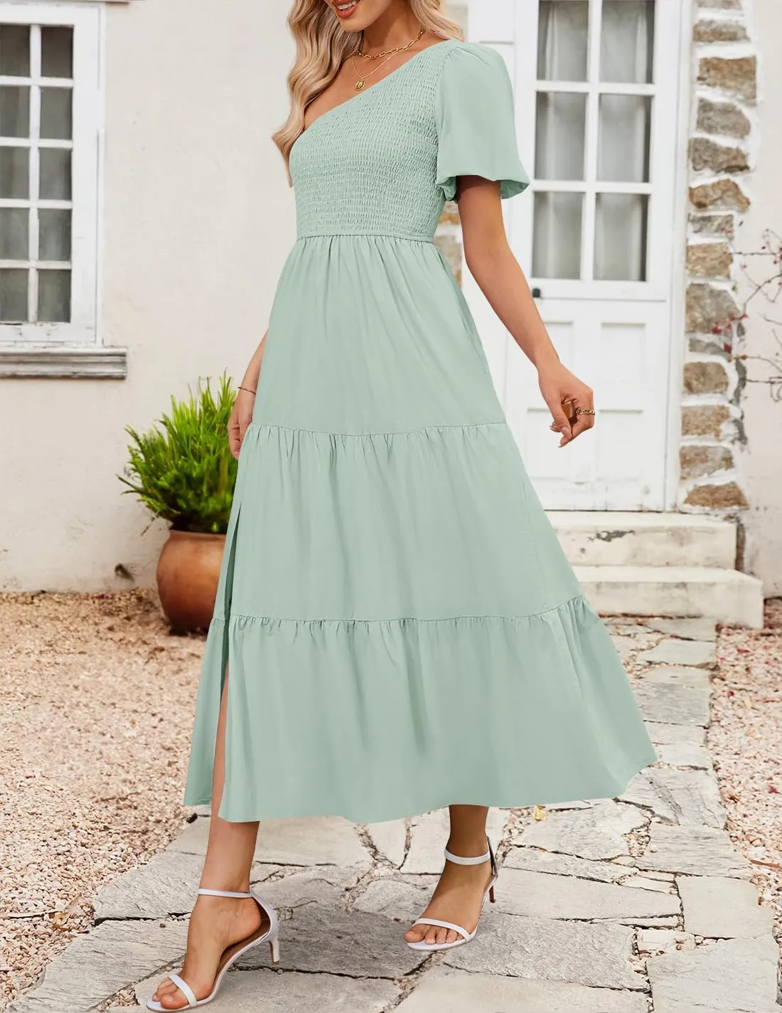 ZESICA Women's Boho Summer One Shoulder Short Sleeve Smocked Side Split Ruffle Swing Midi Dress